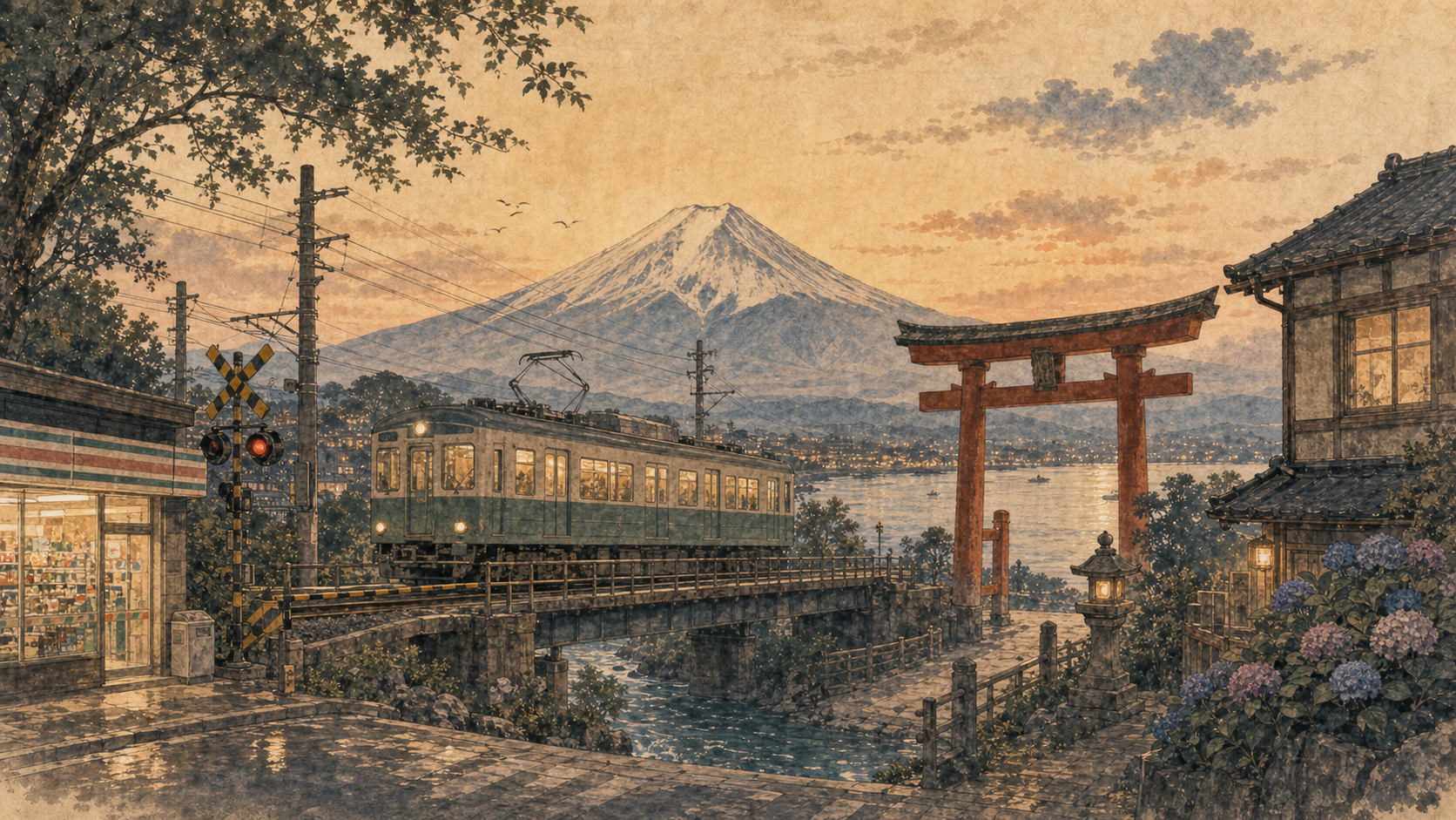 电车、鸟居与富士山轮廓